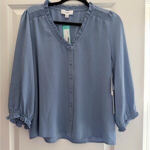 CeCe Blue Ruffle Button-Up Blouse